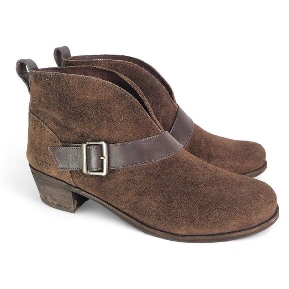 UGG Wright Belted Suede Heel Pull-on Ankle Booties Brown 1014184 Women's 9.5 - Picture 4 of 11